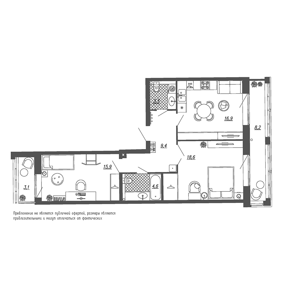 2-комнатная, 73 м² — ЖК ЖК Эталон на Неве