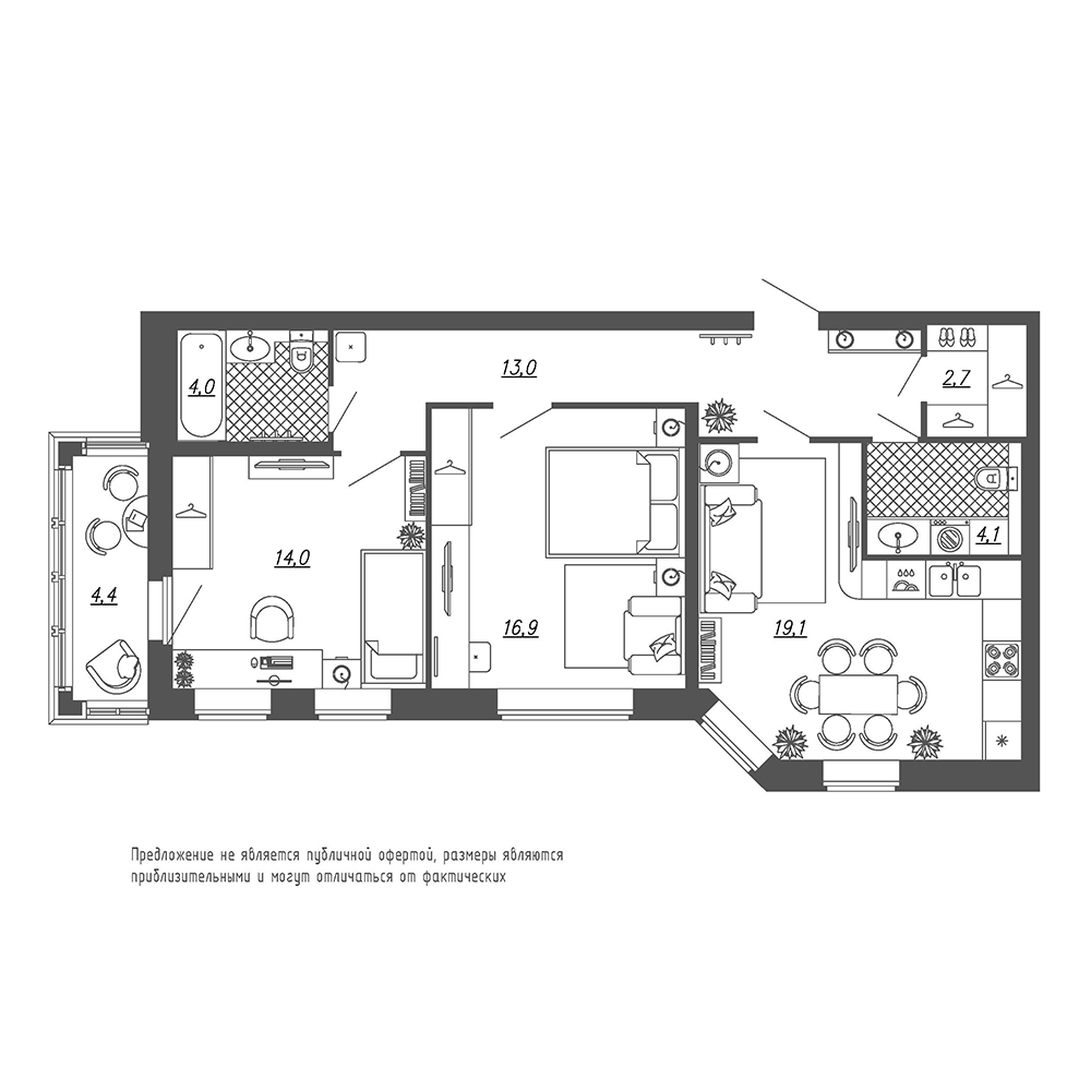 2-комнатная, 75 м² — ЖК ЖК Эталон на Неве