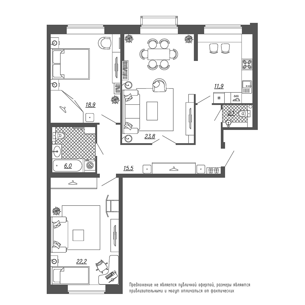 3-комнатная, 100 м² — ЖК ЖК Эталон на Неве