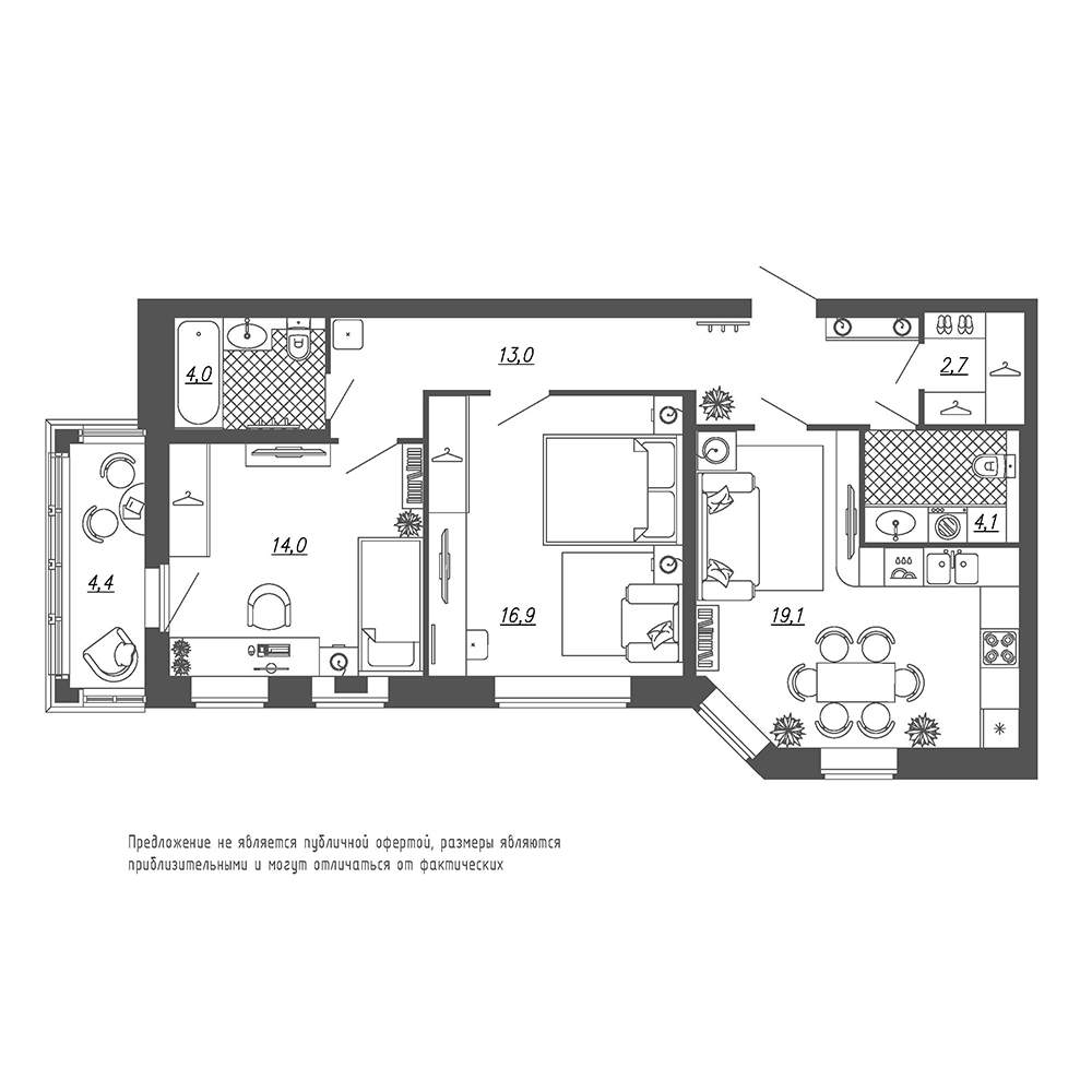 2-комнатная, 75 м² — ЖК ЖК Эталон на Неве