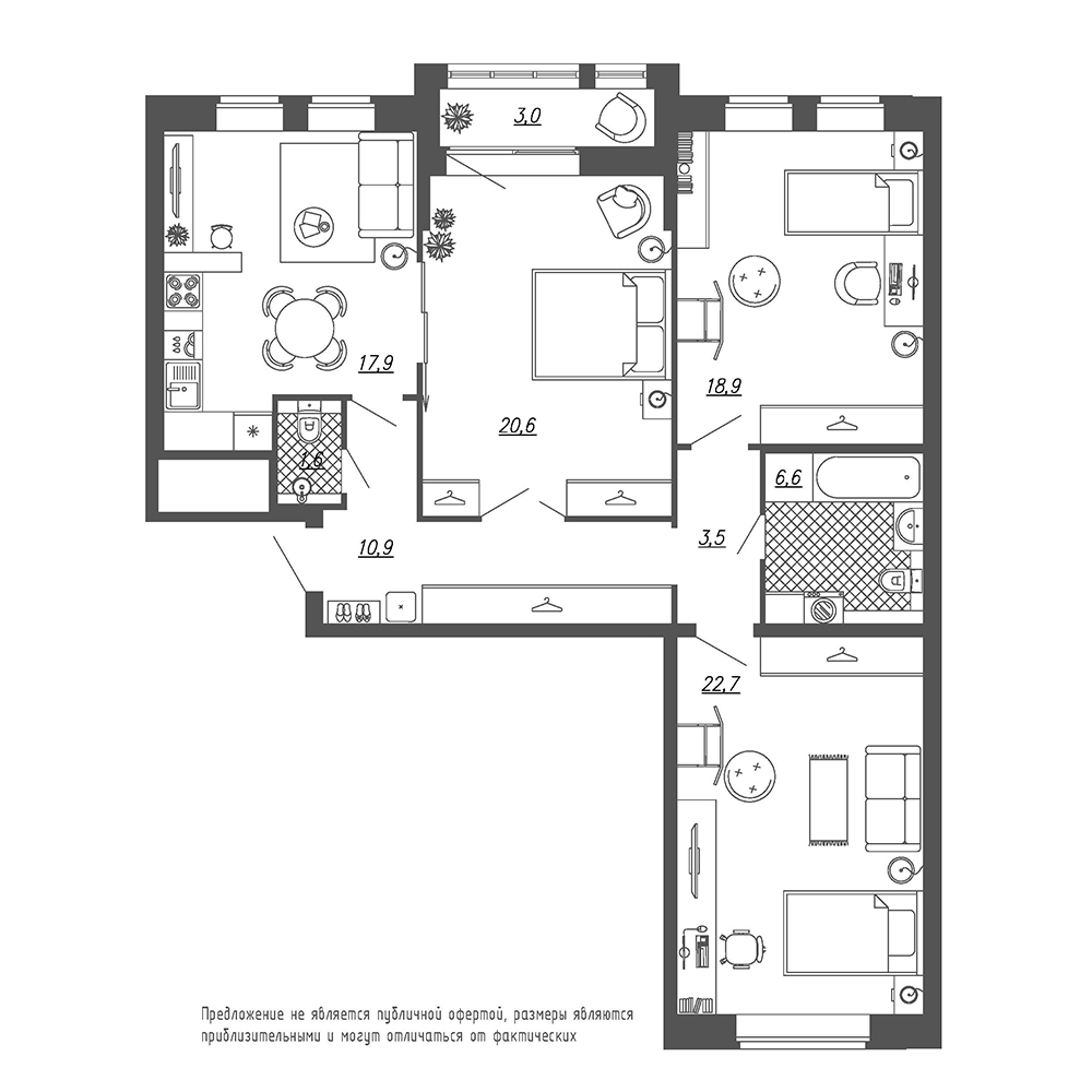 3-комнатная, 104 м² — ЖК ЖК Эталон на Неве