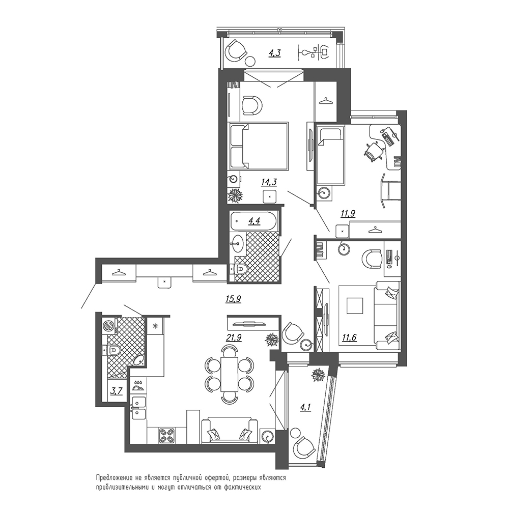 3-комнатная, 88 м² — ЖК ЖК Эталон на Неве