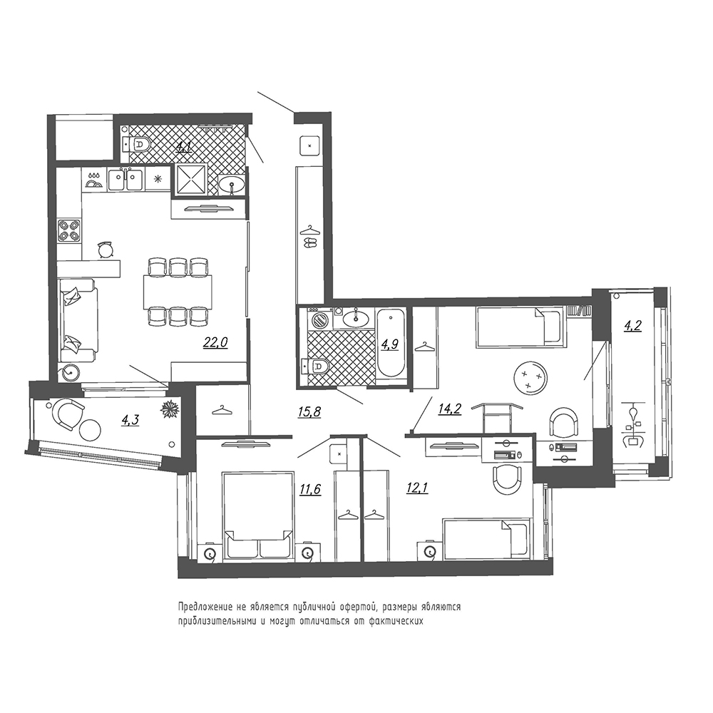 3-комнатная, 88 м² — ЖК ЖК Эталон на Неве