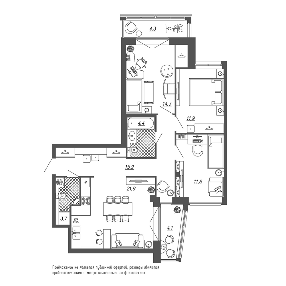 3-комнатная, 88 м² — ЖК ЖК Эталон на Неве