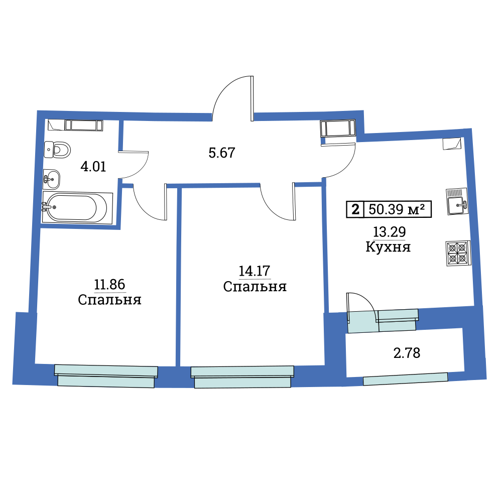 2-комнатная, 50 м² — ЖК ЖК «Авиатор (Aviator)»