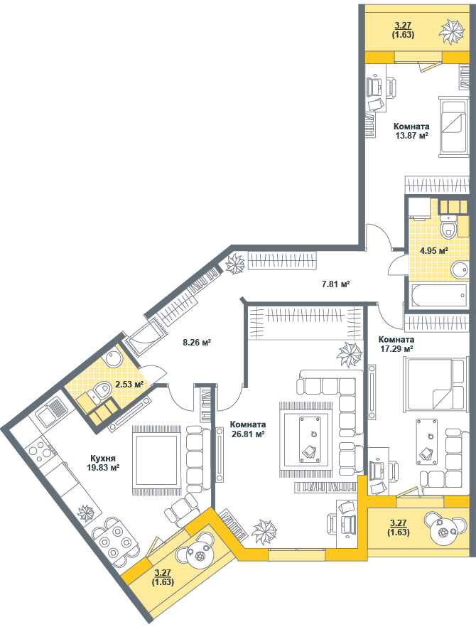 3-комнатная, 106 м² — ЖК ЖК Тихая гавань (Светлый мир)