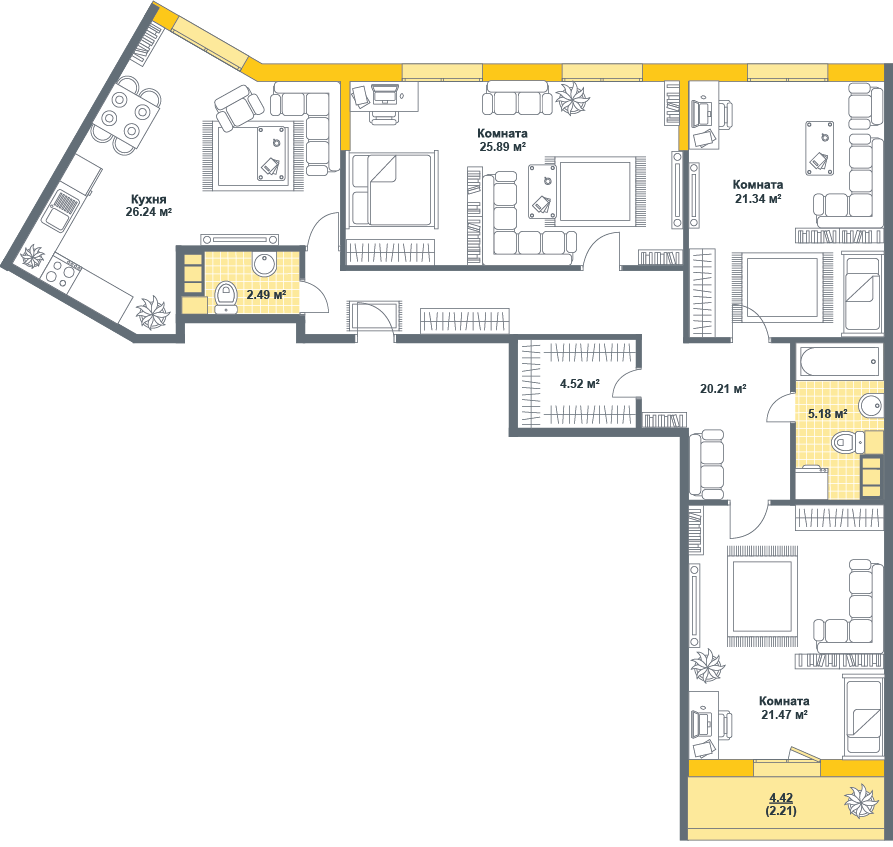 4-комнатная, 130 м² — ЖК ЖК Тихая гавань (Светлый мир)