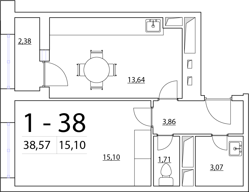 1-комнатная, 39 м² — ЖК ЖК Нью Тайм (New Time)