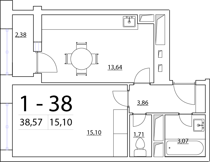 1-комнатная, 39 м² — ЖК ЖК Нью Тайм (New Time)