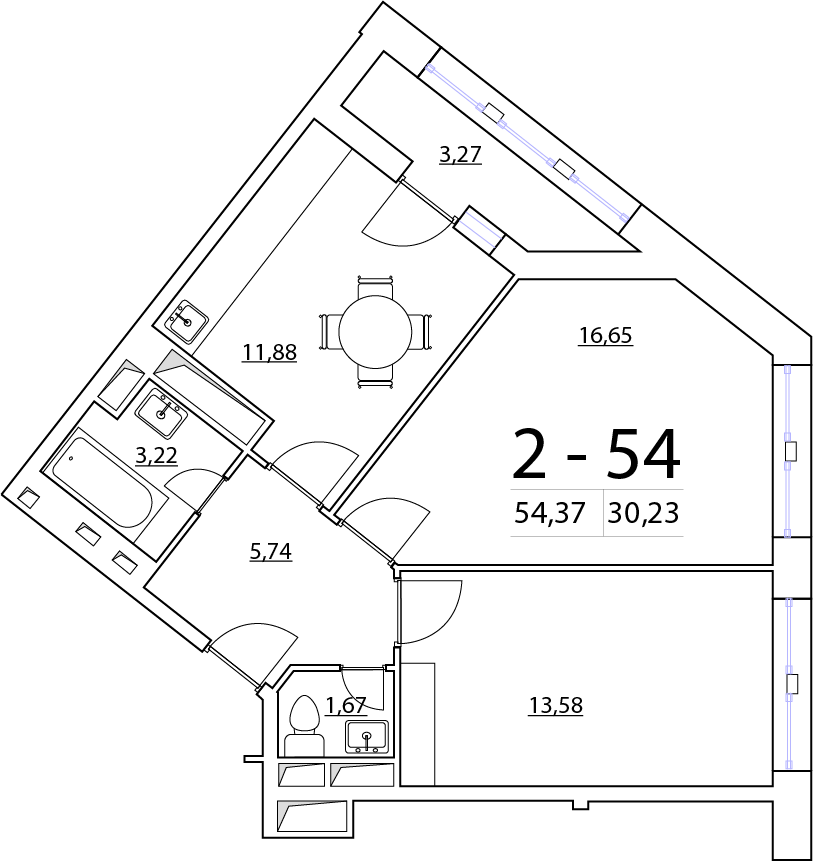 2-комнатная, 54 м² — ЖК ЖК Нью Тайм (New Time)