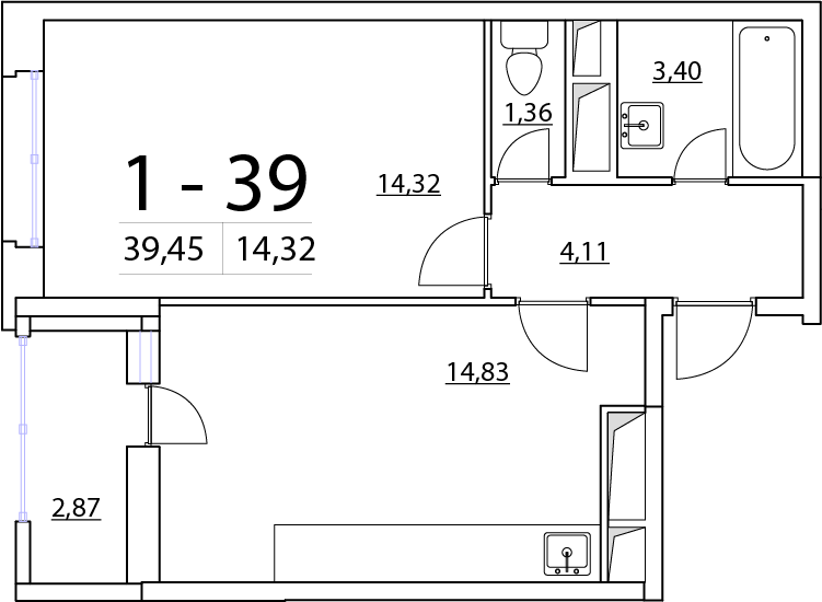 1-комнатная, 39 м² — ЖК ЖК Нью Тайм (New Time)