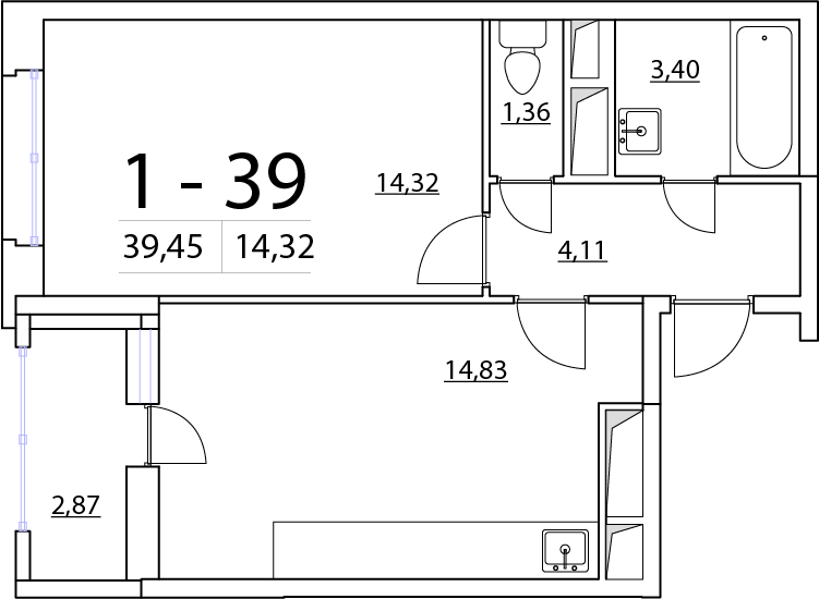 1-комнатная, 39 м² — ЖК ЖК Нью Тайм (New Time)