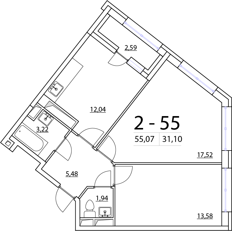 2-комнатная, 55 м² — ЖК ЖК Нью Тайм (New Time)