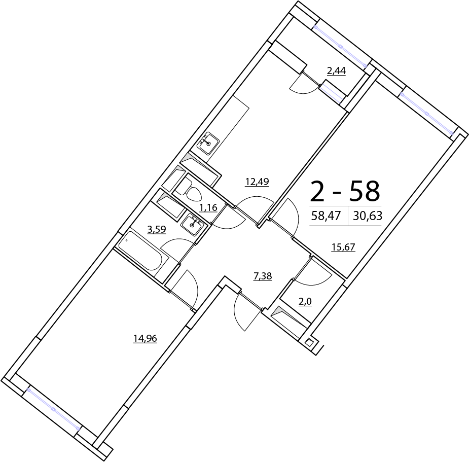 2-комнатная, 58 м² — ЖК ЖК Нью Тайм (New Time)