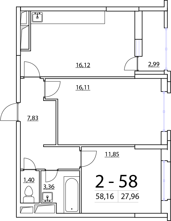 2-комнатная, 58 м² — ЖК ЖК Нью Тайм (New Time)