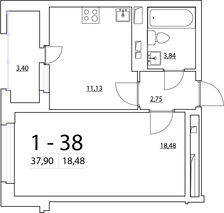 1-комнатная, 38 м² — ЖК ЖК Нью Тайм (New Time)