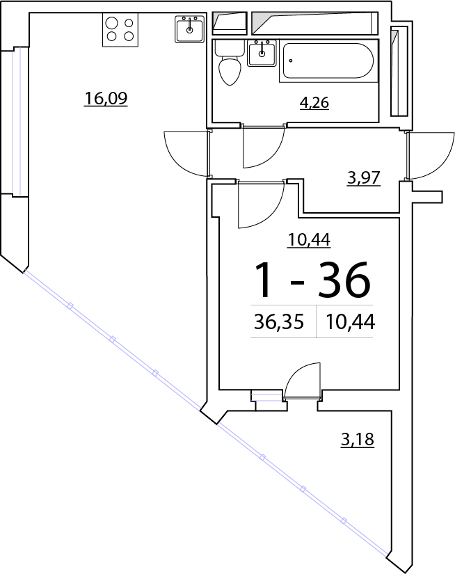 1-комнатная, 36 м² — ЖК ЖК Нью Тайм (New Time)