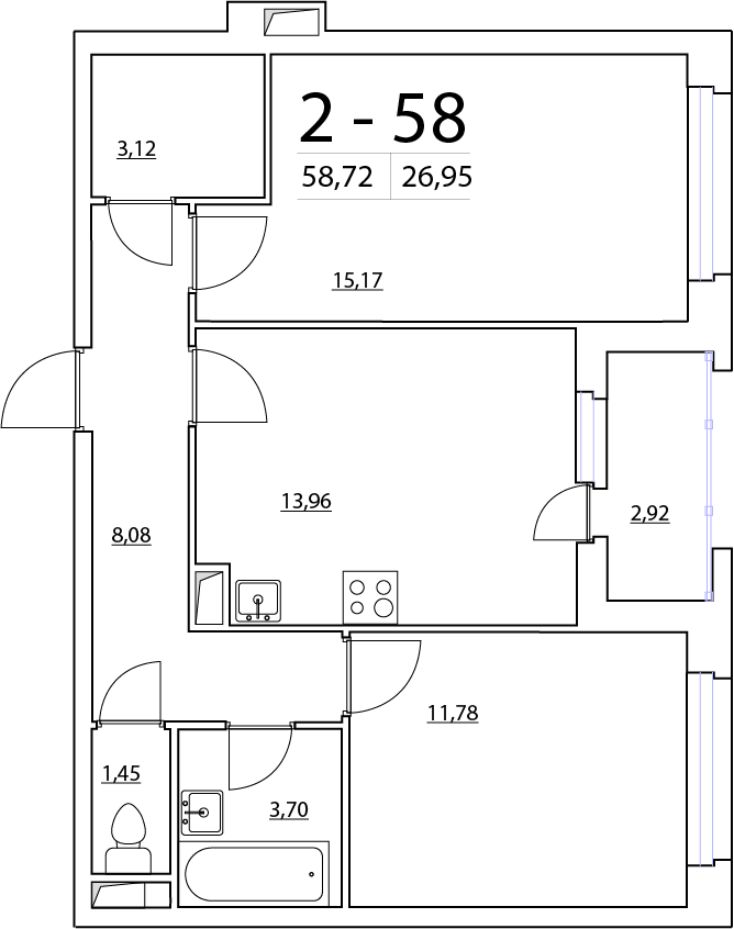 2-комнатная, 59 м² — ЖК ЖК Нью Тайм (New Time)