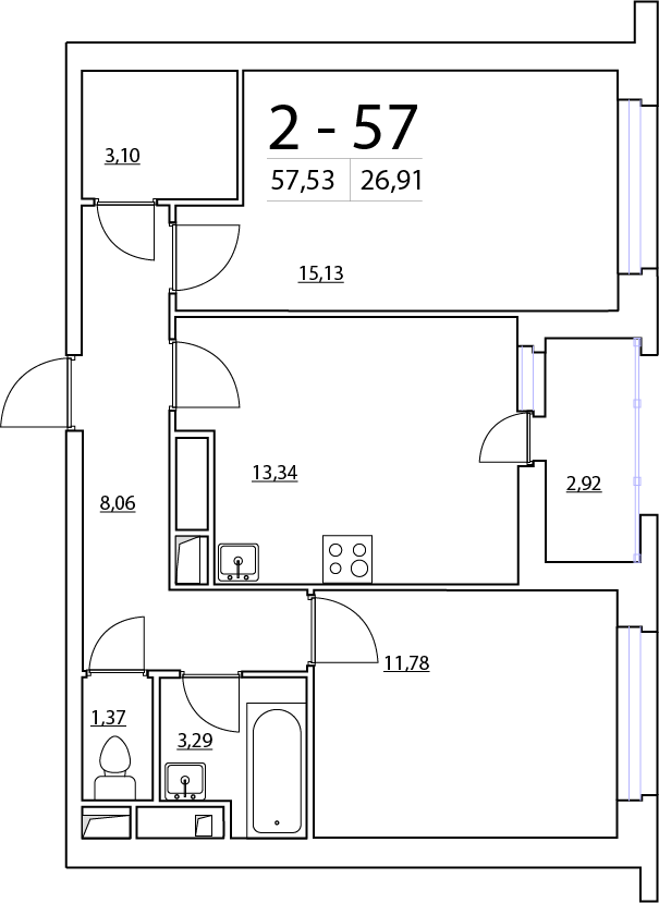 2-комнатная, 58 м² — ЖК ЖК Нью Тайм (New Time)