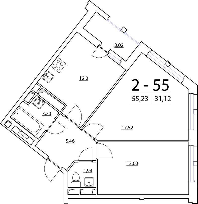 2-комнатная, 55 м² — ЖК ЖК Нью Тайм (New Time)