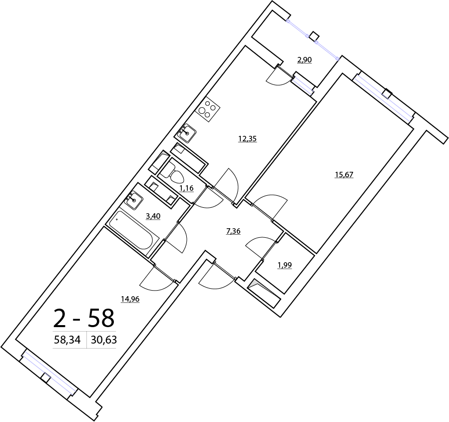 2-комнатная, 58 м² — ЖК ЖК Нью Тайм (New Time)