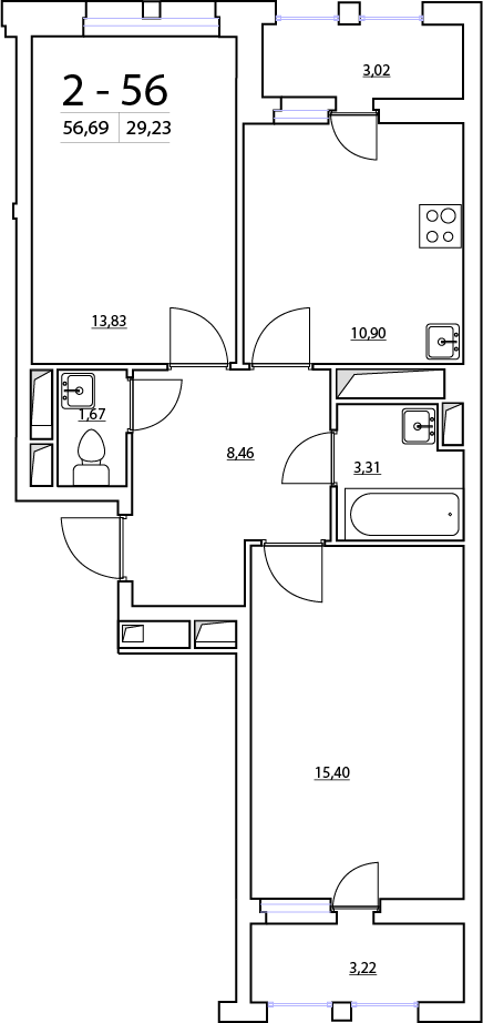 2-комнатная, 57 м² — ЖК ЖК Нью Тайм (New Time)