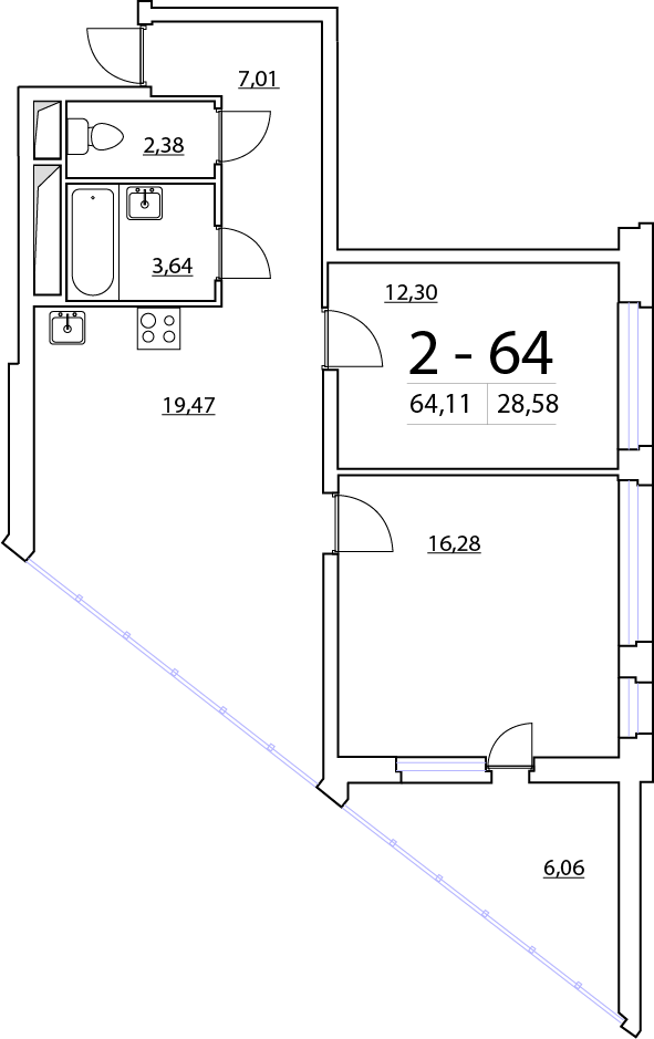 2-комнатная, 64 м² — ЖК ЖК Нью Тайм (New Time)