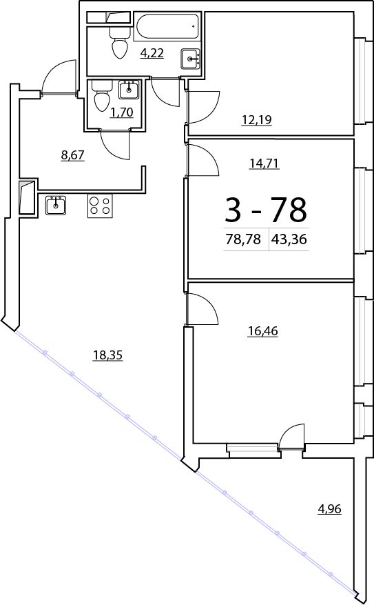 3-комнатная, 79 м² — ЖК ЖК Нью Тайм (New Time)