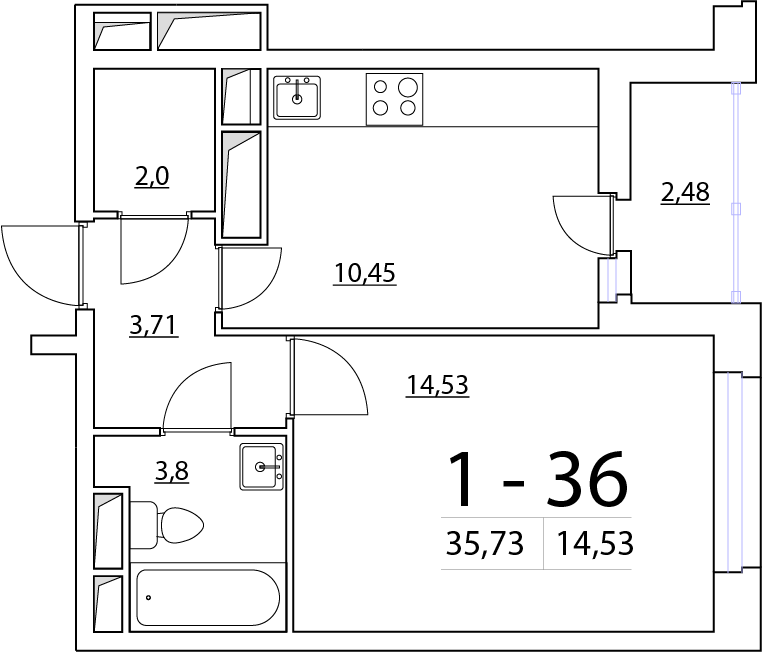 1-комнатная, 36 м² — ЖК ЖК Нью Тайм (New Time)