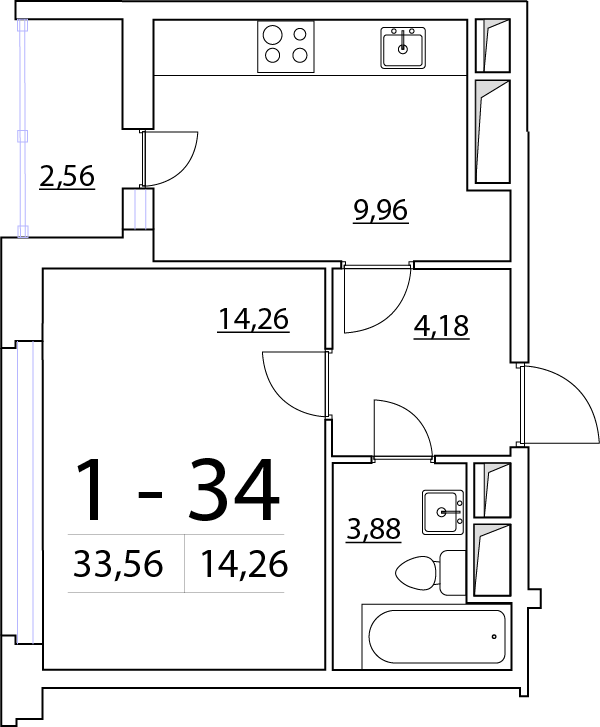 1-комнатная, 34 м² — ЖК ЖК Нью Тайм (New Time)
