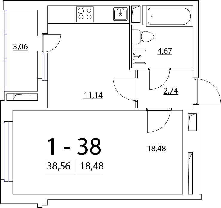 1-комнатная, 39 м² — ЖК ЖК Нью Тайм (New Time)