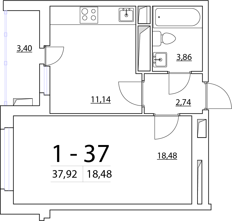 1-комнатная, 38 м² — ЖК ЖК Нью Тайм (New Time)