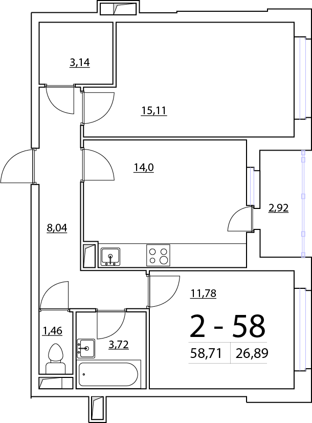 2-комнатная, 59 м² — ЖК ЖК Нью Тайм (New Time)