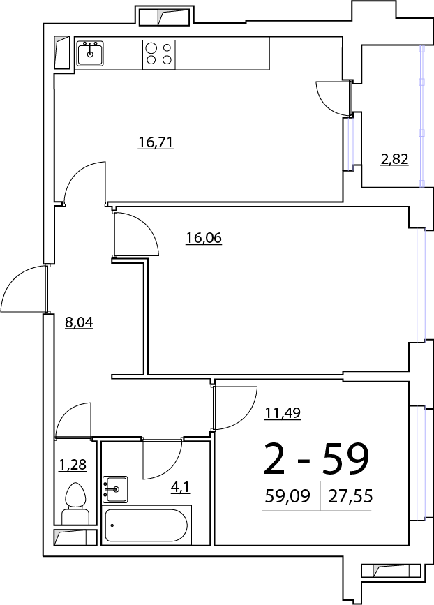 2-комнатная, 59 м² — ЖК ЖК Нью Тайм (New Time)
