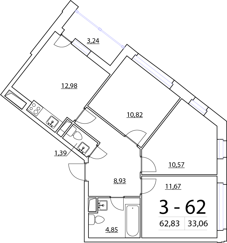 3-комнатная, 63 м² — ЖК ЖК Нью Тайм (New Time)