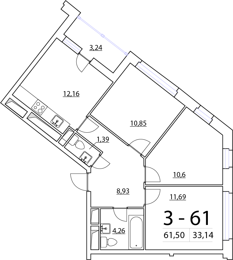 3-комнатная, 62 м² — ЖК ЖК Нью Тайм (New Time)
