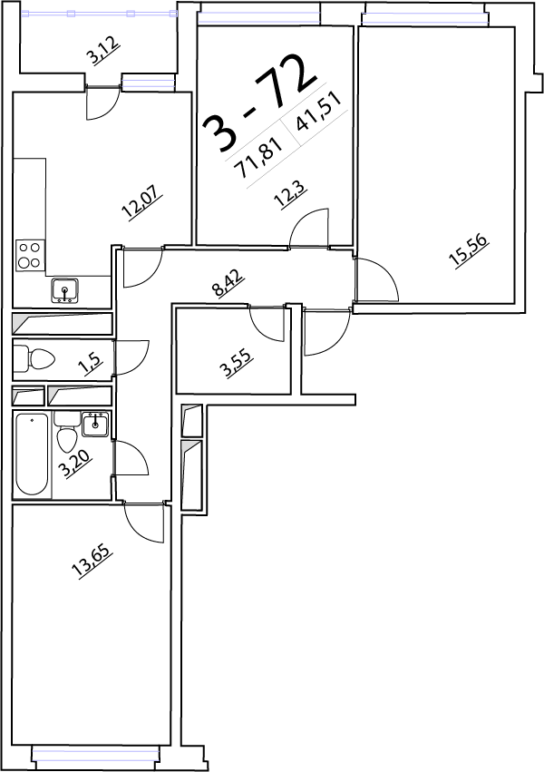 3-комнатная, 72 м² — ЖК ЖК Нью Тайм (New Time)