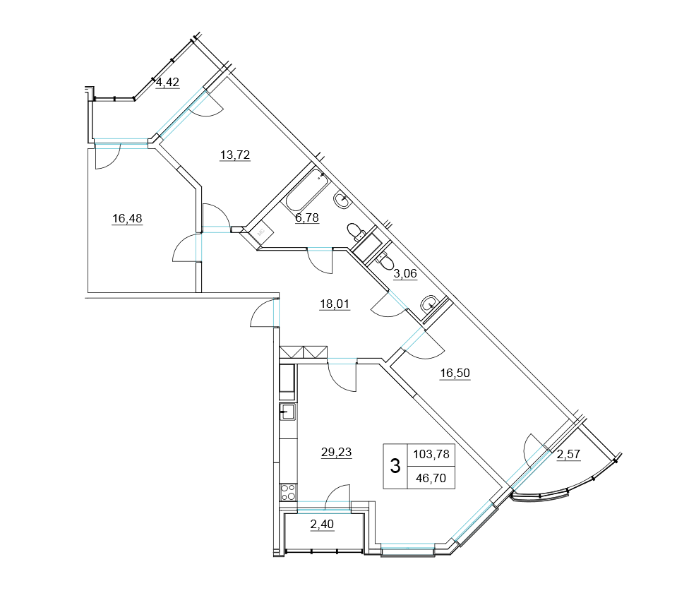 3-комнатная, 108 м² — ЖК ЖК Два Ангела