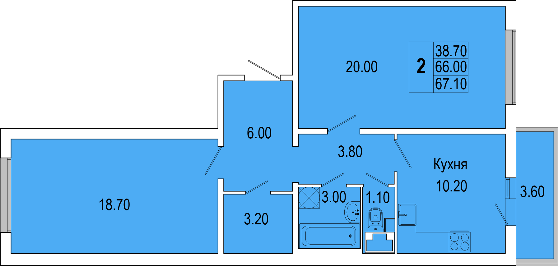 2-комнатная, 67 м² — ЖК Жилой дом Полководец