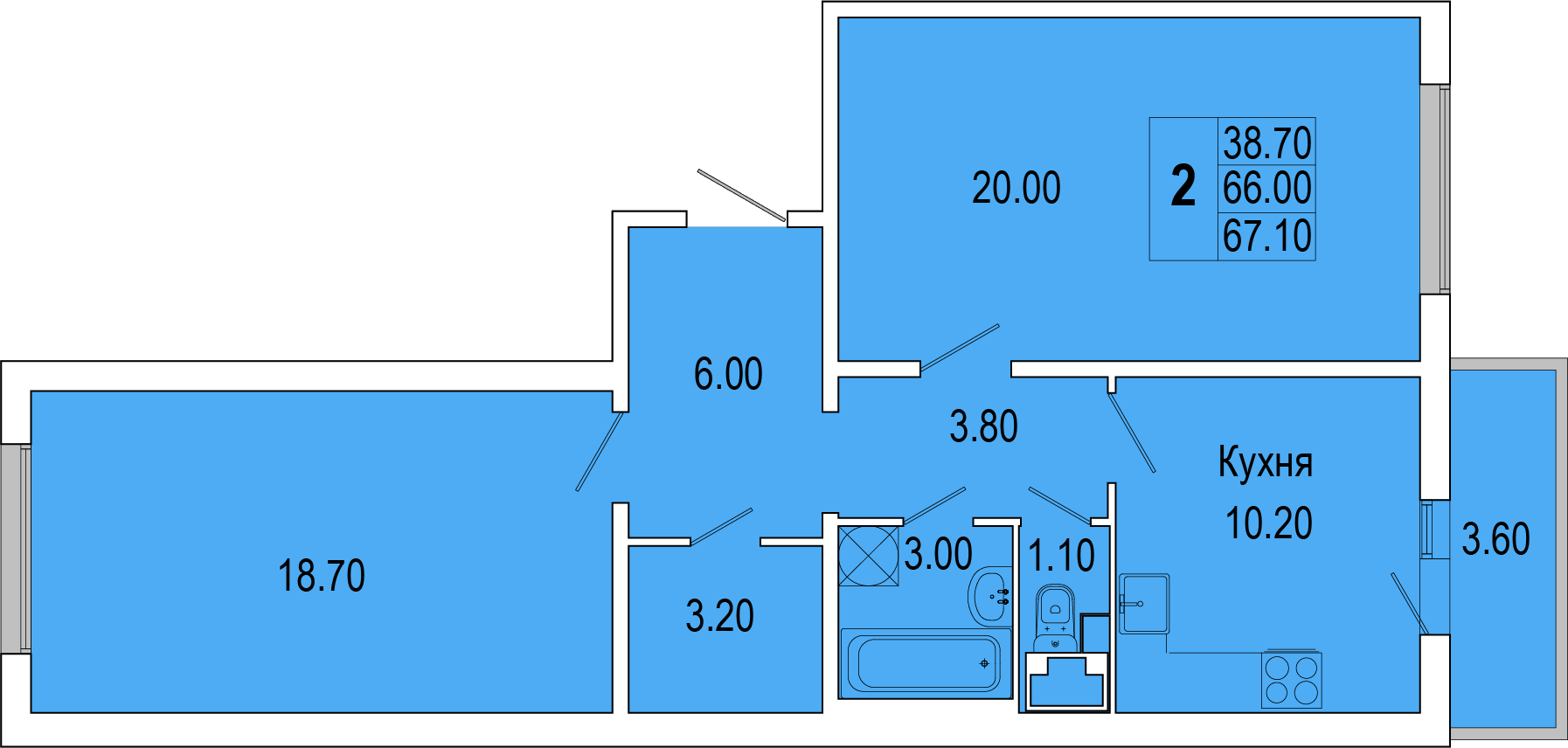 2-комнатная, 67 м² — ЖК Жилой дом Полководец