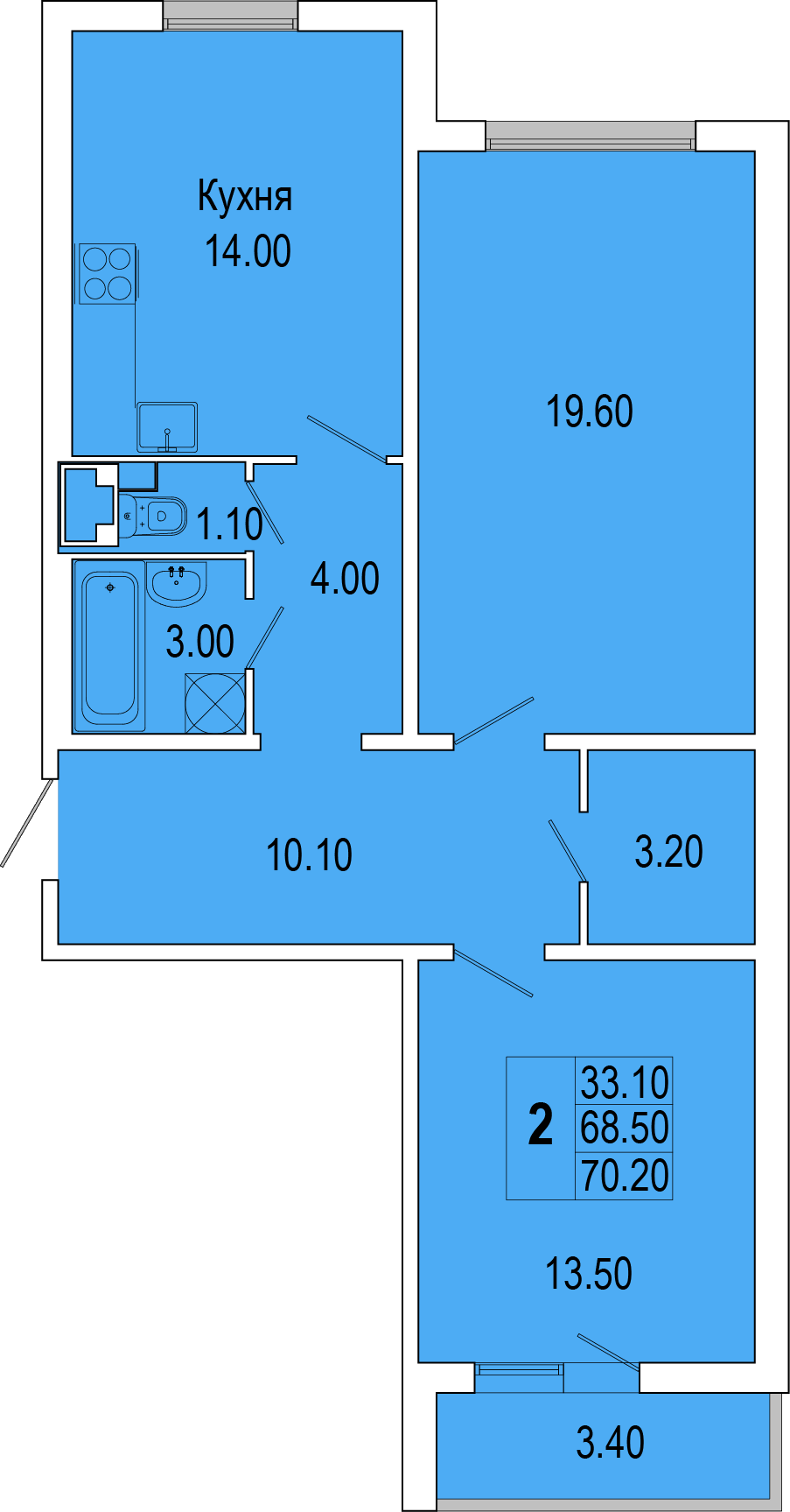 2-комнатная, 70 м² — ЖК Жилой дом Полководец