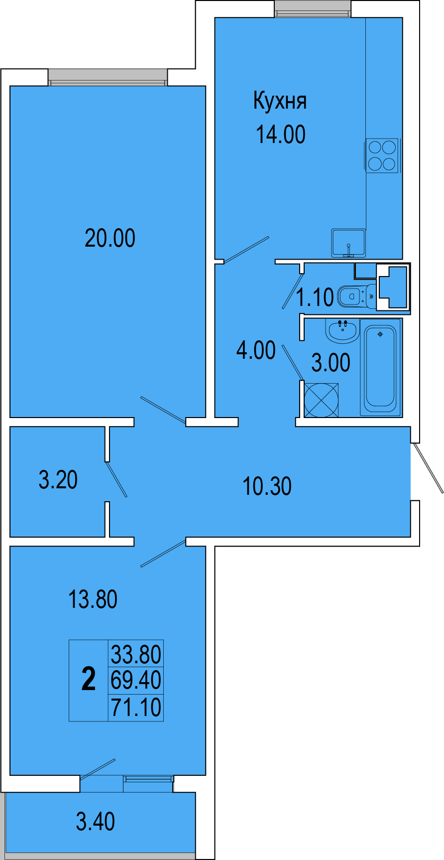 2-комнатная, 71 м² — ЖК Жилой дом Полководец