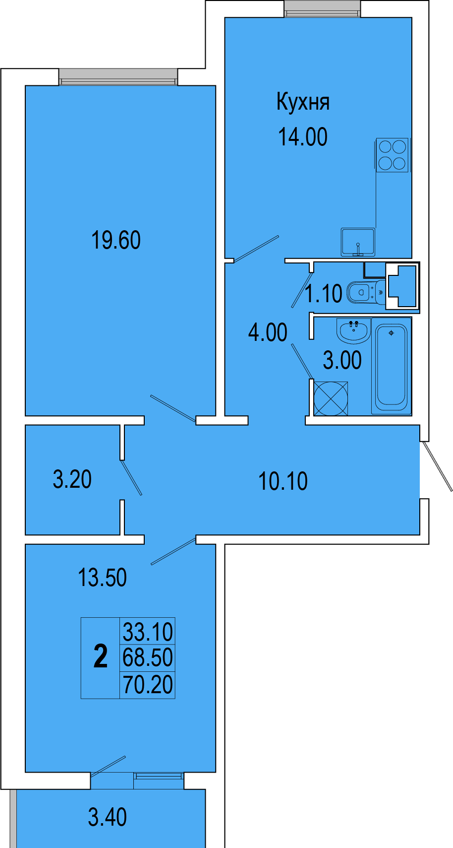 2-комнатная, 73 м² — ЖК Жилой дом Полководец
