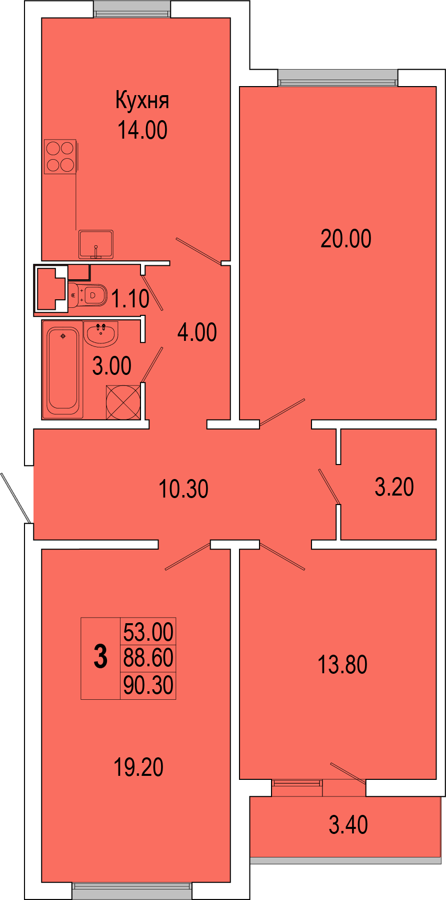 3-комнатная, 90 м² — ЖК Жилой дом Полководец