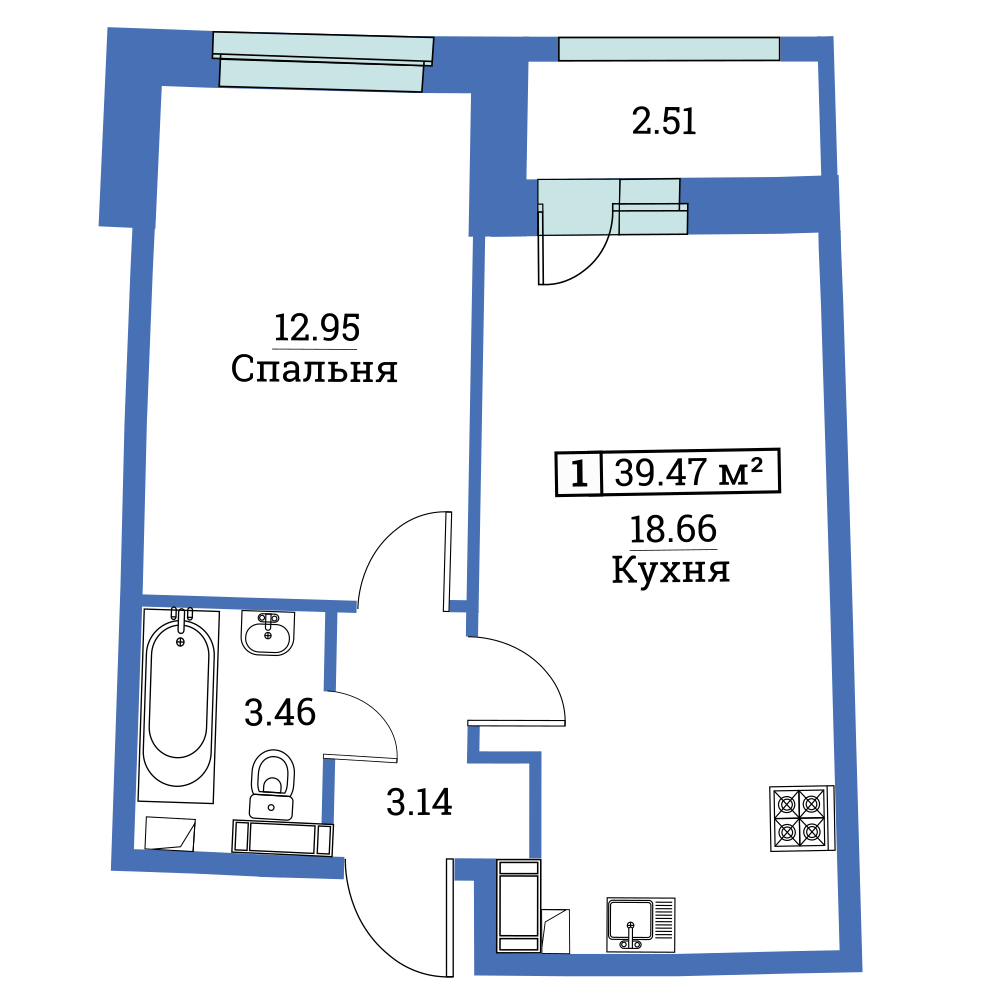 1-комнатная, 39 м² — ЖК ЖК «Авиатор (Aviator)»