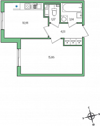 1-комнатная, 35 м² — ЖК ЖК Янила Драйв