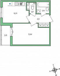 1-комнатная, 37 м² — ЖК ЖК Янила Драйв