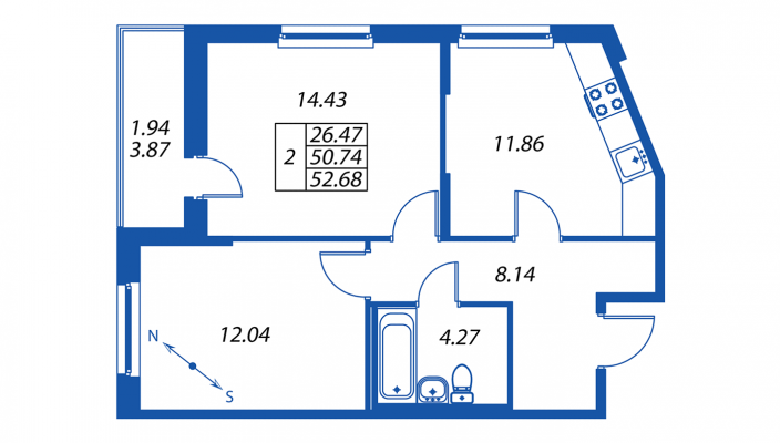 2-комнатная, 52 м² — ЖК ЖК ПаркЛэнд