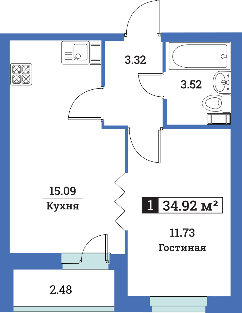 1-комнатная, 35 м² — ЖК ЖК Цвета радуги