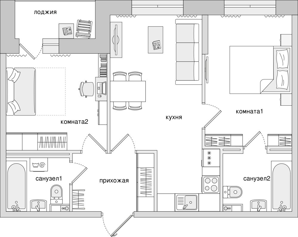 2-комнатная, 59 м² — ЖК ЖК Елизаровский